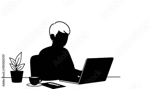 Person working on a laptop with a coffee cup and plant nearby