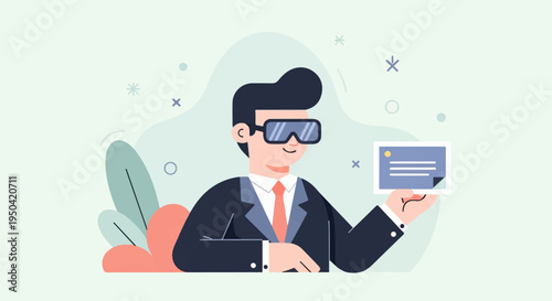 Cartoon man in VR goggles holds digital card with abstract background
