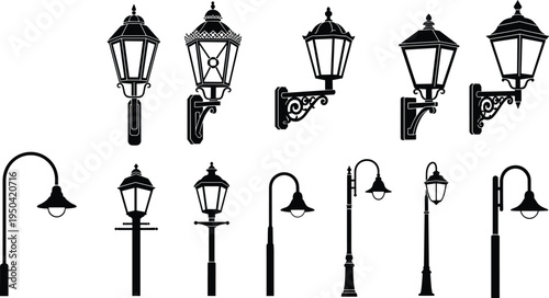 Vintage street lamp set, classic lantern silhouettes collection, retro outdoor lighting icons, urban lamp posts vector, decorative streetlight illustration isolated on white