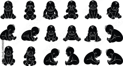 Baby silhouette illustration set, infant sitting positions, child gestures collection, toddler posture icons, newborn behavior silhouettes, childcare design elements