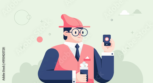 Smiling man in hat and vest holding phone and drink