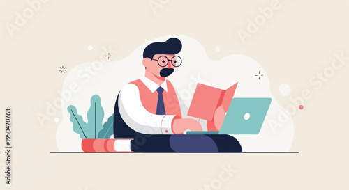 Stylized illustration of a man reading a book and using a laptop