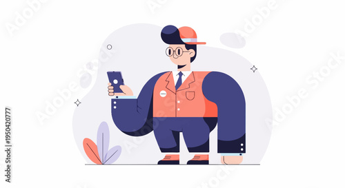 Stylized person in cap, glasses, and vest, holding smartphone