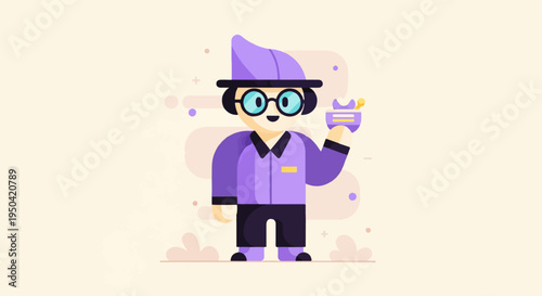 Whimsical character with glasses holding a tiny purple bowl and coin