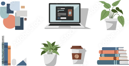 A desktop setup with books, plants, and a coffee cup