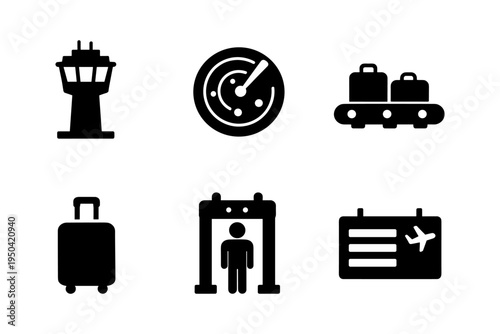 Airport travel service solid black icon set vector illustration