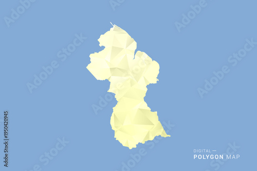 Guyana Map in low poly polygon vector style, geometric shape illustration with soft yellow tones on blue background, clean silhouette for infographic.