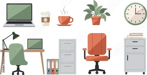 A clean, modern office setup with computers, coffee, and organizational tools