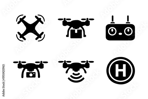 Drone technology delivery solid black icon set vector illustration