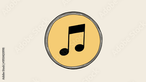 A simple, minimalist illustration of a music note inside a circular frame on a light beige background