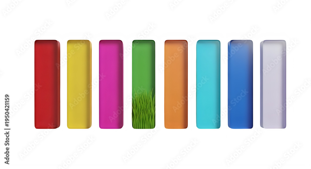 Fototapeta premium A series of eight colorful vertical rectangular bars with one containing a small patch of grass