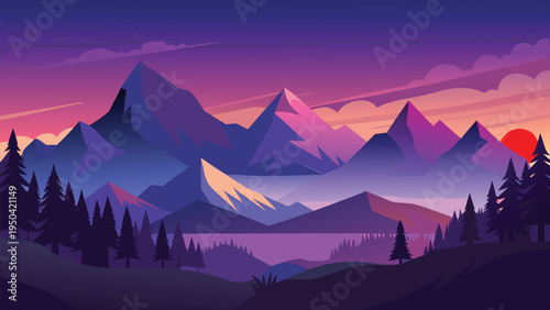 A serene flat vector illustration of majestic purple mountains at sunset with a silhouette forest