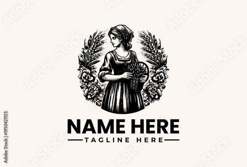 Black and white illustration of a woman in a dress surrounded by floral elements and leaves with a placeholder text for a logo or brand name on a beige background.