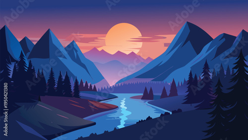 A serene mountain landscape featuring a vibrant orange sunset over a flowing river and pine trees