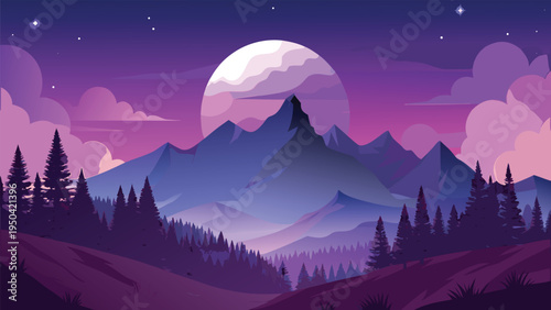A serene night landscape featuring a large glowing moon rising over jagged purple mountain peaks