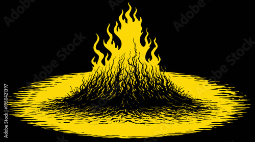 A burning bonfire silhouette is depicted in yellow against a black backdrop