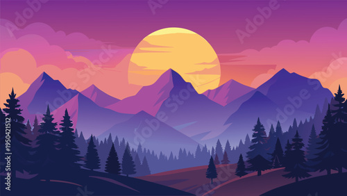 A vibrant digital illustration of a mountain range silhouetted against a large sunset in the sky