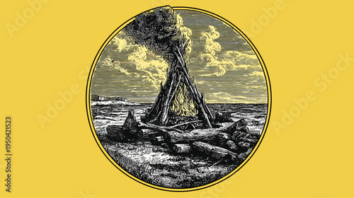 A detailed black and white illustration of a bonfire burning on a rocky shore within a circle