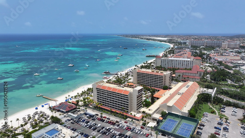 Palm Beach In Noord Oranjestad Aruba. Aerial View Of Stunning Beach With Crystal Clear Waters. Coast Horizon Seaside Summertime. Coast Outdoors Panoramic. Noord Oranjestad.