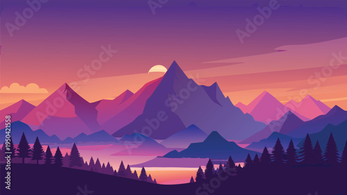 A serene flat vector illustration of majestic mountain peaks under a vibrant purple sunset sky