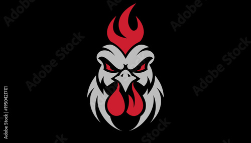 Angry white rooster mascot designA stylized rooster head wearing a motorcycle helmet, with flames atop, against a white background.vector