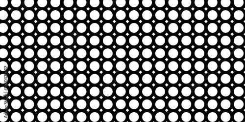 Abstract seamless geometric pattern featuring white circular dots arranged in a repeating grid on a black background.
