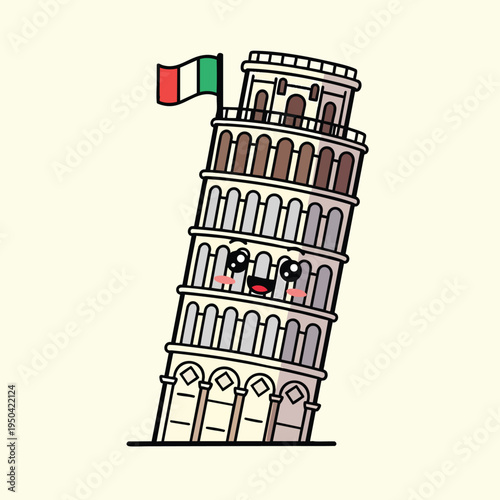 A cartoon depiction of a leaning tower with a kawaii face, smiling and with a flag of red, white, and green atop. The background is a pale beige