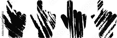 Black grunge hand cursor icons set four rough textured pointing finger symbols in different styles