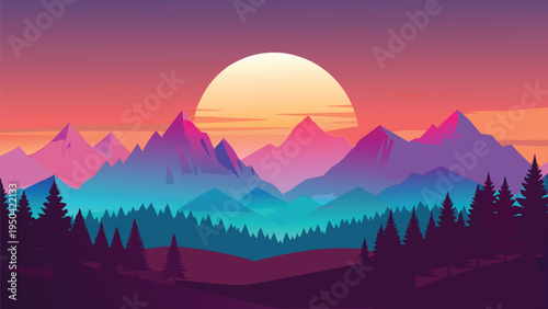 A vibrant digital illustration of a sunset over a mountain range with a silhouetted pine forest