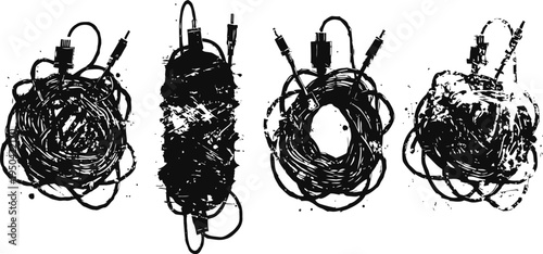 set of tangled audio cables with various connectors isolated on white background