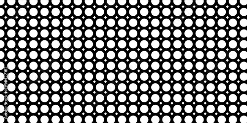Abstract seamless geometric pattern featuring white circular dots arranged in a repeating grid on a black background.