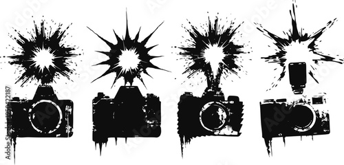 grunge camera silhouettes with flash bursts vintage equipment artistic black ink splatter design