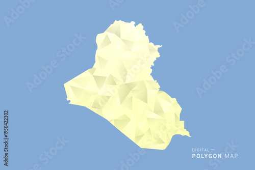 Iraq Map in low poly polygon vector style, geometric shape illustration with soft yellow tones on blue background, clean silhouette for infographic.