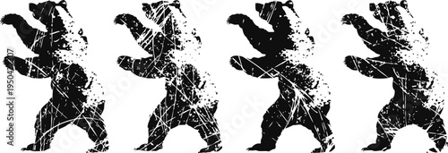 grunge silhouette black bear walkers in different poses with scratched texture