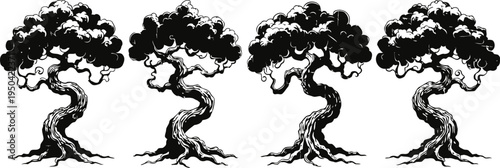 four stylized black and white bonsai trees with twisted trunks and dense foliage