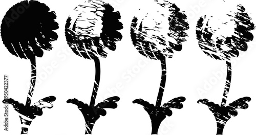 abstract black and white dandelion silhouettes with textured shading and stems