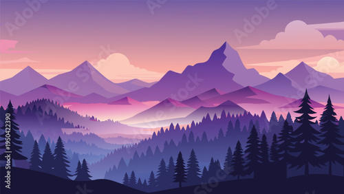 A serene flat vector illustration of majestic purple mountain peaks at a peaceful sunset horizon