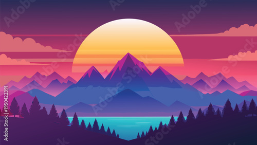 A vibrant digital illustration of a sunset over a mountain range with a serene lake in the foreground