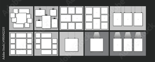 Modern Vector Frame Mockup Set for Gallery Wall, Photo Grids, and Hanging Poster Displays with Spotlight Effects