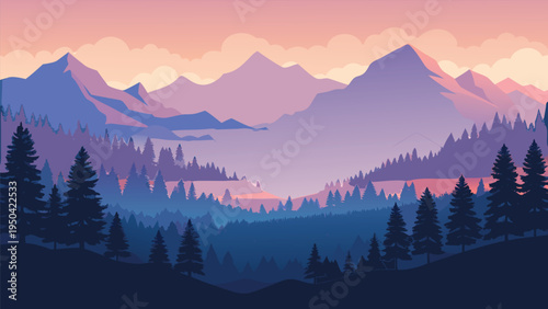 A serene flat design illustration featuring majestic purple mountains under a soft sunset sky