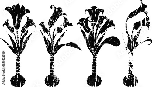 Ancient egyptian lotus flower symbols in black silhouette, stylized decorative plant motifs