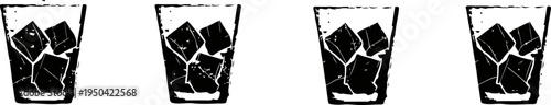 Four glasses filled with ice cubes on a white background, refreshing cool beverage concept