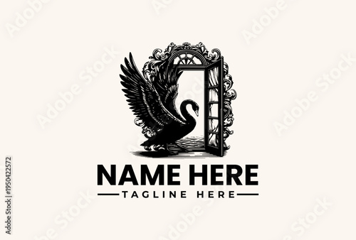 Black and white illustration of a swan with outstretched wings standing next to an ornate archway with a ladder, against a clean background, featuring a logo template with placeholder text.