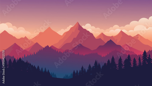 A serene digital illustration featuring majestic mountain peaks against a vibrant sunset sky