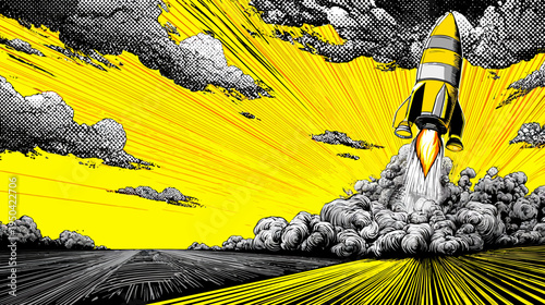 Comic book style illustration of a rocket ship launching from a runway against a bright yellow sky