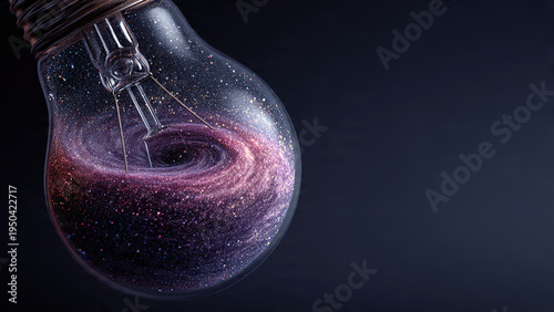 Close-up of a glass light bulb containing a swirling purple and pink spiral galaxy universe against a dark background