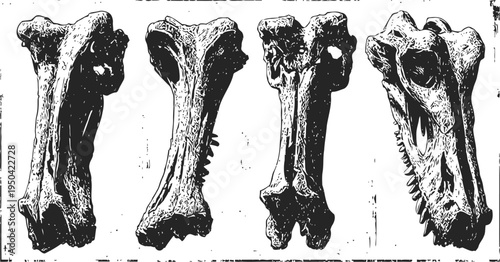 ancient fossilized bones displayed in black and white, prehistoric animal skeletal remains