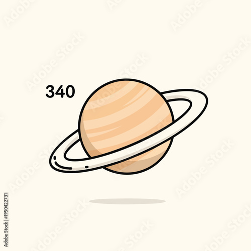 A cartoon depiction of a ringed planet, probably Saturn, with a rounded shape and cream and light brown bands. The background is a cream color