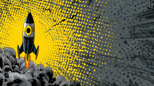 A retro-style, comic-book panel depicting a rocket ship blasting off. Explosions. Color scheme yellow, black, & grey