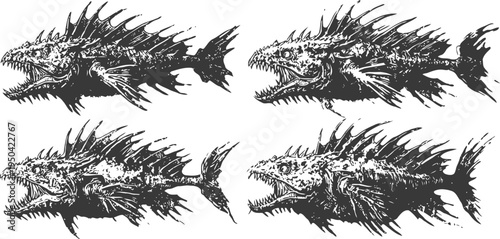 Four detailed sea dragon sketches with spiky fins and sharp teeth in vintage engraving